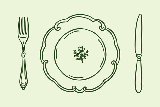 Vector illustration of table setting. Elegant decorative plate with ornament, vintage style fork and knife. Hand drawn outline doodle for restaurant menu, cafe decor or cooking blog.