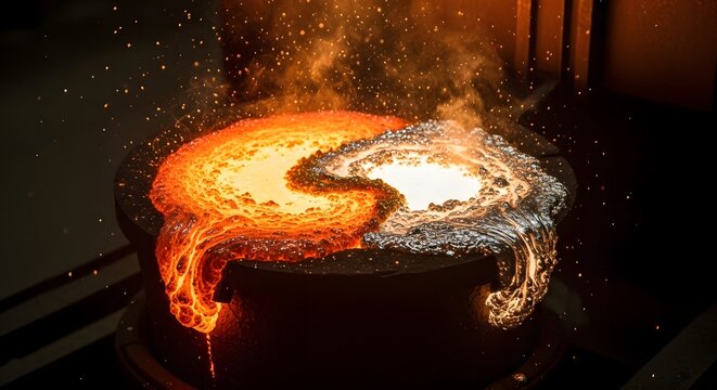 Molten glowing iron and liquid silver swirling in a crucible in a foundry, intense heat and sparks in industrial metallurgical process showing yin yang pattern