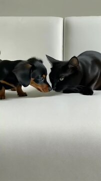 Black cat and small puppy sniffing noses in a close-up interaction