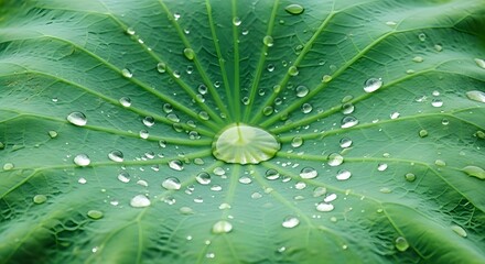 Close-up view of a vibrant green lotus leaf with numerous clear water droplets and a central pool of water resting on its surface, highlighting its radial veins and natural texture
