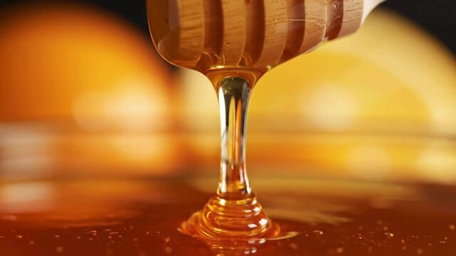 Slow motion video footage captures viscous amber honey dripping heavily from a traditional wooden dipper utensil