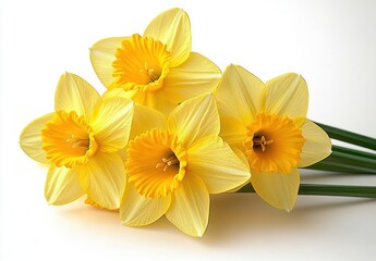 Fototapeta premium Five bright yellow daffodils with trumpet centers and green stems on a clean white background, evoking springtime joy and fresh uplifting cheer
