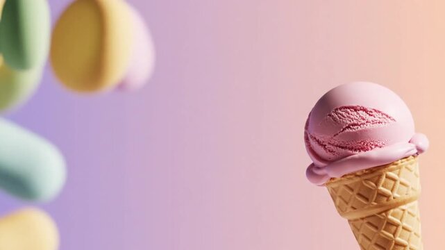 Strawberry Ice Cream Cone with Floating Pastel Shapes Animation