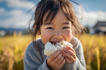 可愛らしい日本の子どもが美味しいおにぎりを食べています/Cute Japanese child eating a delicious onigiri rice ballCute Japanese child eating a delicious onigiri rice ball