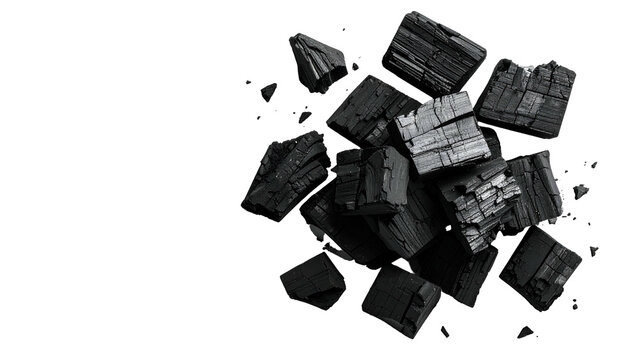 Pile of dark, broken, charred wood pieces against a stark black void