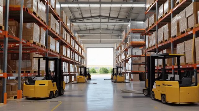 Large wholesale distribution warehouse with high metal racks filled with neatly stacked boxed goods and yellow forklifts moving through the aisles toward the loading dock