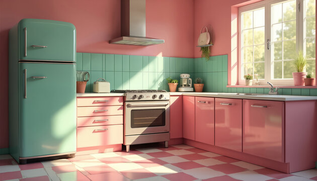 Sunlit retro kitchen with mint green fridge and pink cabinets. Pastel interior features vintage stove and appliances. Bright room with checkered floor tiles and window view.