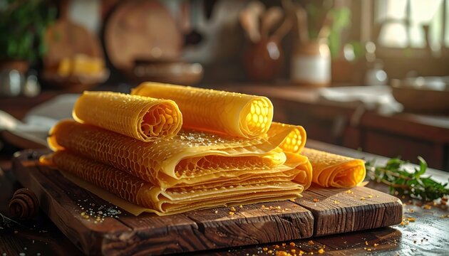 FlyPro Firefly Natural Beeswax Wraps in Various Sizes and Patterns, Folded on a Wooden Cutting Board, High-Resolution Photographic Style