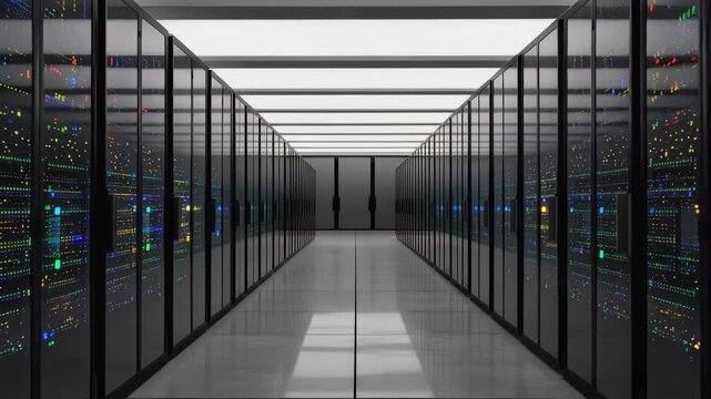Modern data center corridor with symmetrical server racks and blinking LED status lights, showcasing a high-tech environment with organized rows of equipment