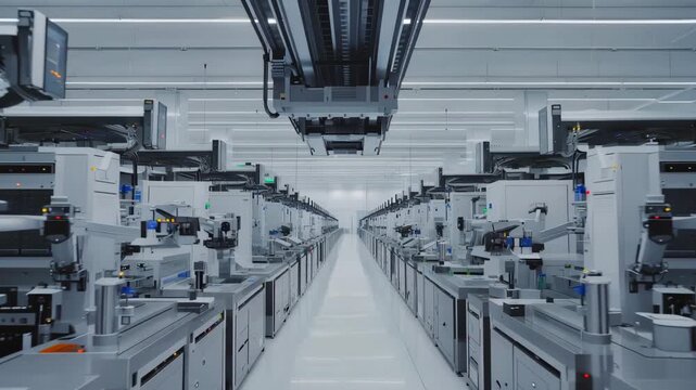 Modern semiconductor fabrication cleanroom featuring automated wafer handling systems moving through a streamlined environment with precision and efficiency in a high-tech facility