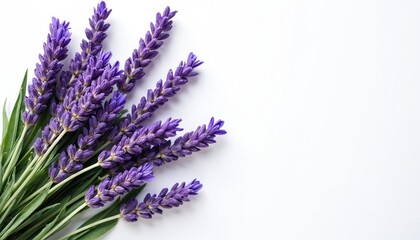 Fototapeta premium Purple lavender flowers with green leaves arranged on white background. Top view flat lay shows botanical herb for aromatherapy, spa, wellness, or beauty products.