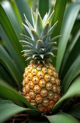 Ripe pineapple fruit grows on plant in tropical garden. Healthy golden fruit shows texture on plant leaves. Juicy edible crop in nature. Fresh food.