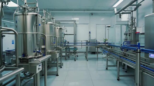 Pharmaceutical manufacturing facility with stainless steel bioreactors and automated filling line, showcasing equipment and cleanroom environment in a modern industrial setting