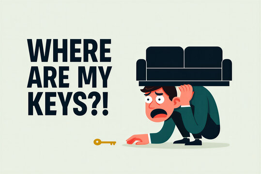 Man searching for keys, overwhelmed by couch, stress and lost item concept illustration