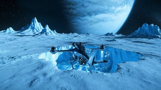 Futuristic lunar base on icy moon surface with spacecraft.