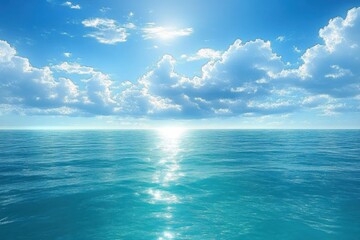 Obraz premium sunlit turquoise ocean under a bright blue sky filled with fluffy white clouds, calm peaceful seascape with sparkling sun reflection on the water