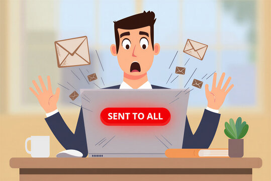 Shocked Businessman Overwhelmed by "Sent to All" Email Mistake at Desk