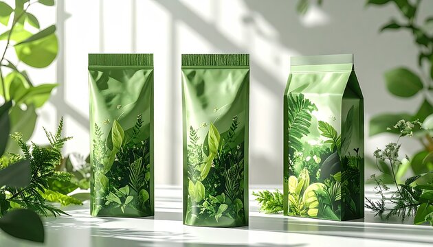 Three green packaging pouches, each showcasing a nature-themed illustration of leaves and foliage, positioned on a bright white surface.
