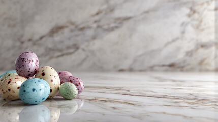Obraz premium Colorful speckled easter eggs arranged on a shiny marble surface with blurred background for spring celebrations.