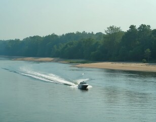 Motorboat speeds across calm river water. Sandy bank lines rich green forest. Clear sky above peaceful natural landscape. Summer day activity.