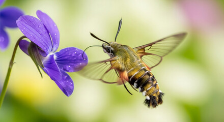 A hummingbird hawk moth hovers near a purple flower in nature