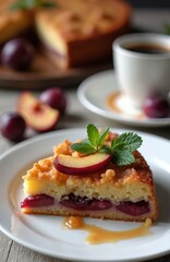 Slice of plum cake with fresh mint and coffee cup on table. Sweet fruit dessert with crumble topping served on plate. Delicious homemade pastry with whole plums baked inside.