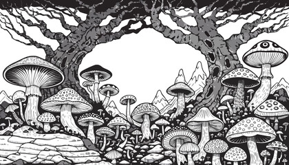 Obraz premium Very beautiful detailed woodland composition blending textured trees and clustered mushrooms, forming an artistic monochrome panorama ideal for rustic prints and outdoor inspired design projects.