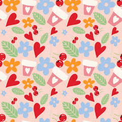 seamless pattern with hearts,  flowers and cherries 