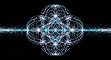 A vibrant and intricate geometric pattern with glowing lines and circles