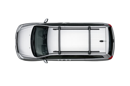 Silver minivan with roof rack carrying luggage transparent background