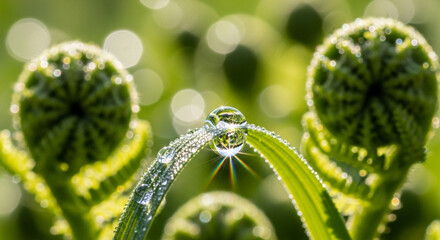A close-up of a dewy green plant with water droplets on its leaves