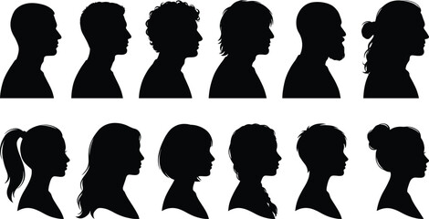 Male and female profile silhouettes set showing diverse hairstyles and identities isolated on white background for avatar branding design illustration use marketing