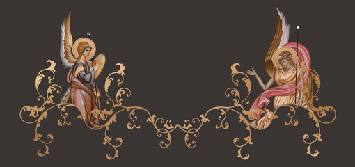 Naklejka premium Byzantine border in warm colors with angel motif