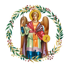 Naklejka premium Decorative vintage floral wreath with Archangel Gabriel, illustration in Byzantine style isolated