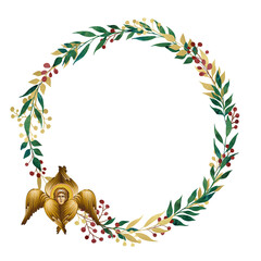 Naklejka premium Decorative floral wreath with the seraphim, illustration in Byzantine style isolated