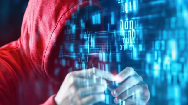 Digital Intrusion: A figure cloaked in a hooded garment delves into the intricate realm of digital data, his hands poised in a clandestine act, revealing the essence of cybercrime.