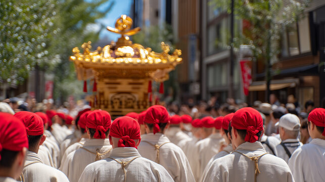 Osaka Tenjin Matsuri, Golden Portable Shrine Carried by Participants Wearing Red Headbands Advancing Through City During Osaka Tenjin Matsuri