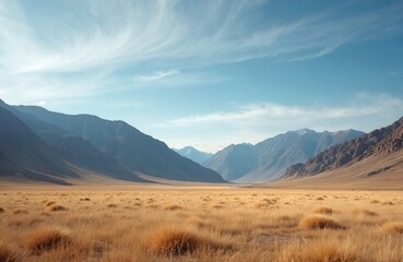 Obraz premium Vast dry steppe landscape with golden grass and tall mountains under blue sky with wispy clouds. Arid scenery offers sense of isolation and remote wilderness exploration.