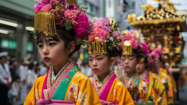 Osaka Tenjin Matsuri, Young Girls in Ornate Traditional Attire and Floral Headpieces Marching in Elegant Procession During Osaka Tenjin Matsuri