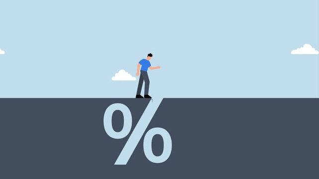 Financial pitfall, 4k animation of Cautious entrepreneur examining the bottomless pit of banking interest rates