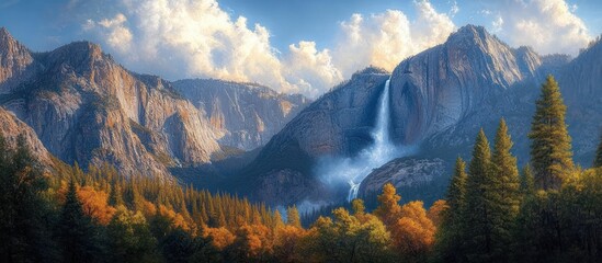 Obraz premium Majestic mountain valley with towering granite cliffs, twin cascading waterfalls, mist above autumn pine forest under a dramatic sunlit cloudy sky, serene and awe-inspiring