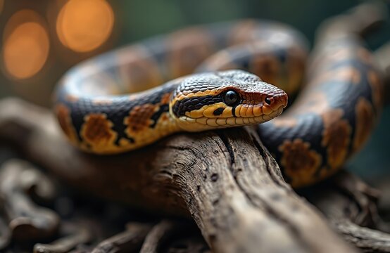 Boa constrictor snake rests coiled on rough tree branch. Reptile shows yellow orange and black patterned skin. Detailed animal portrait with shallow depth of field.