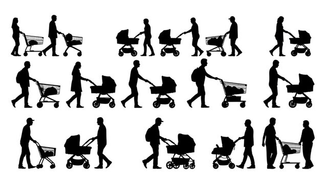 People Pushing Baby Strollers and Shopping Carts Elevation Black Silhouettes Vector Set