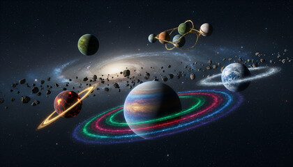 Naklejka premium Creative solar system illustration with colorful ringed planets, asteroid belt and spiral galaxy backdrop, vibrant deep space scene for science fiction and astronomy themes.