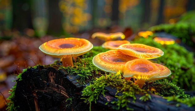 Bioluminescent Foxfire Fungus on Decaying Logs in Temperate Forest Autumn