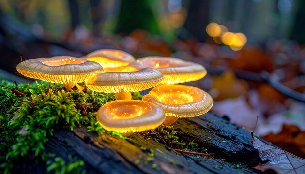 Bioluminescent Foxfire Fungus on Decaying Logs in Temperate Forest Autumn