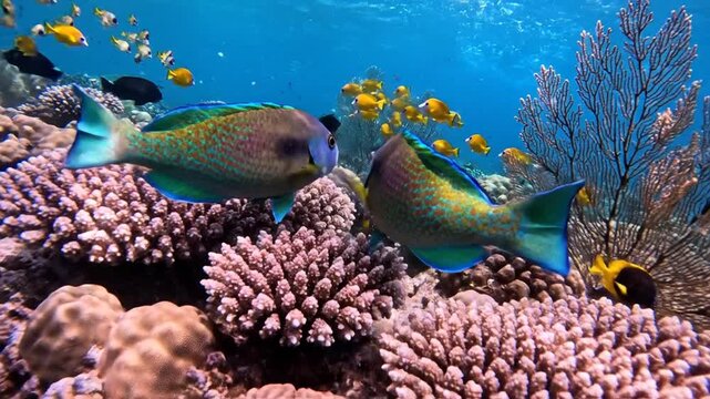 Vibrant parrotfish and diverse coral formations in clear blue sea