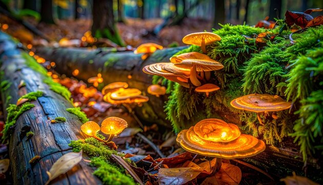 Bioluminescent Foxfire Fungus on Decaying Logs in Temperate Forest Autumn