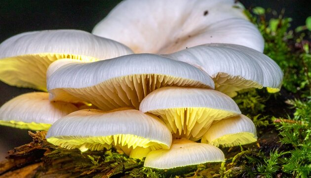 Glowing Panellus Stipticus Mushrooms on Dead Wood in North American Forest Night