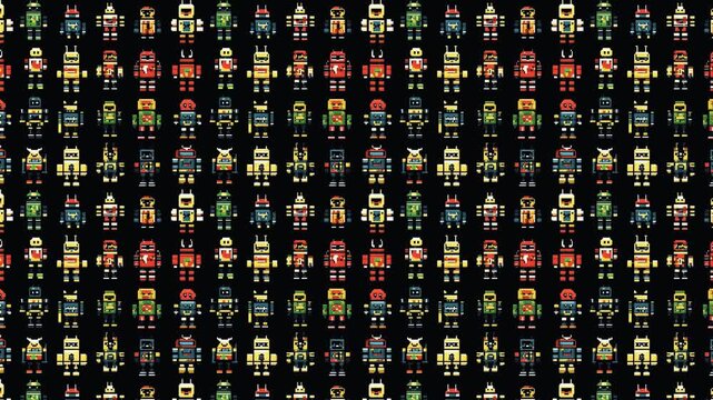 Seamless looping video of green and red pixel robots on dark backdrop.